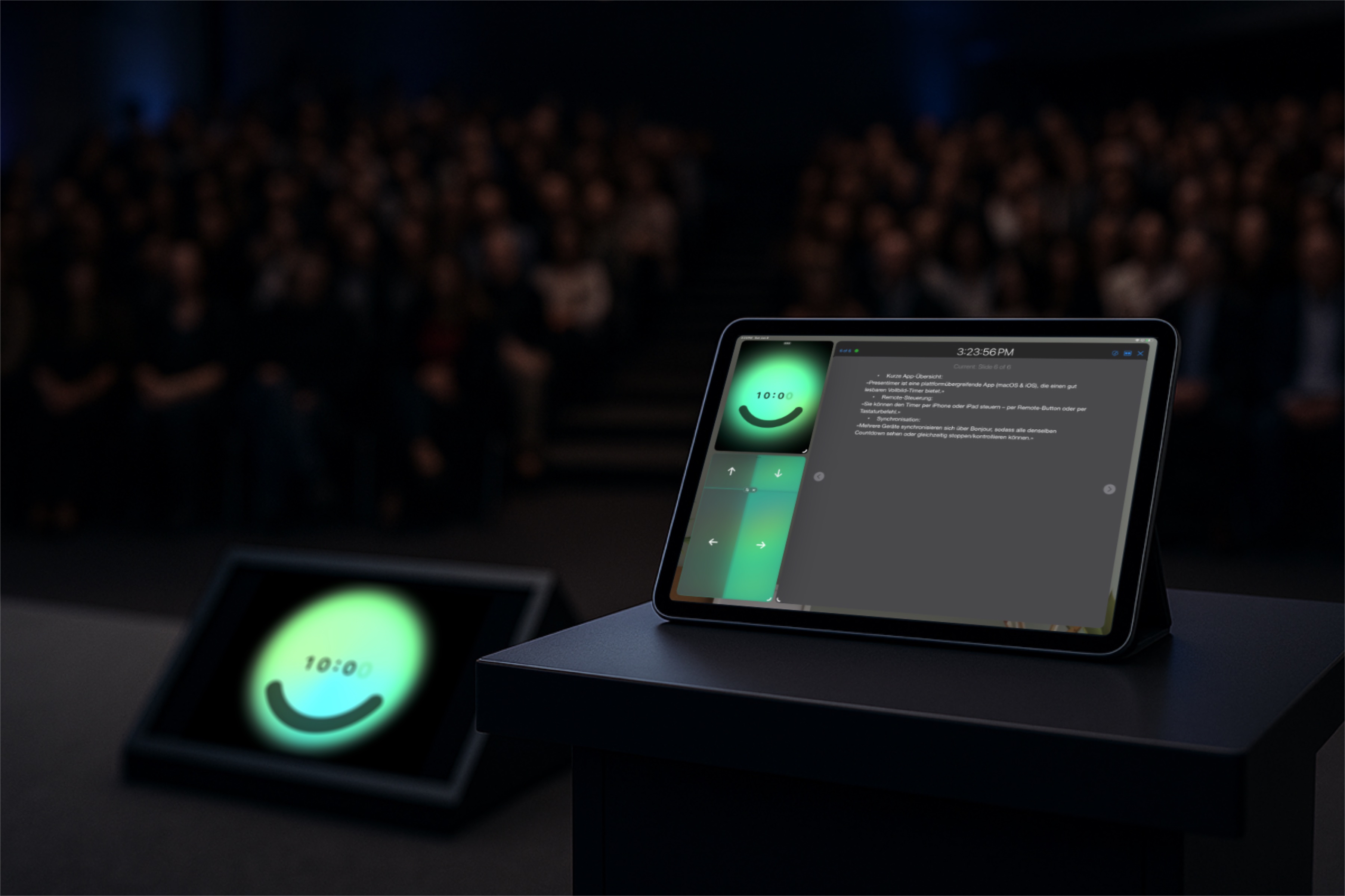 DJ facing a crowd at his deck. Photo with a purple hue