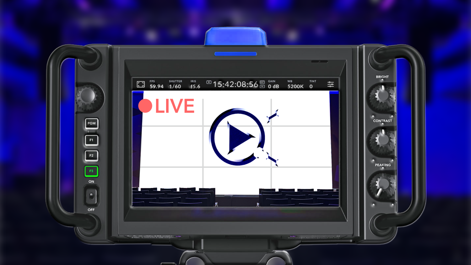 DJ facing a crowd at his deck. Photo with a purple hue