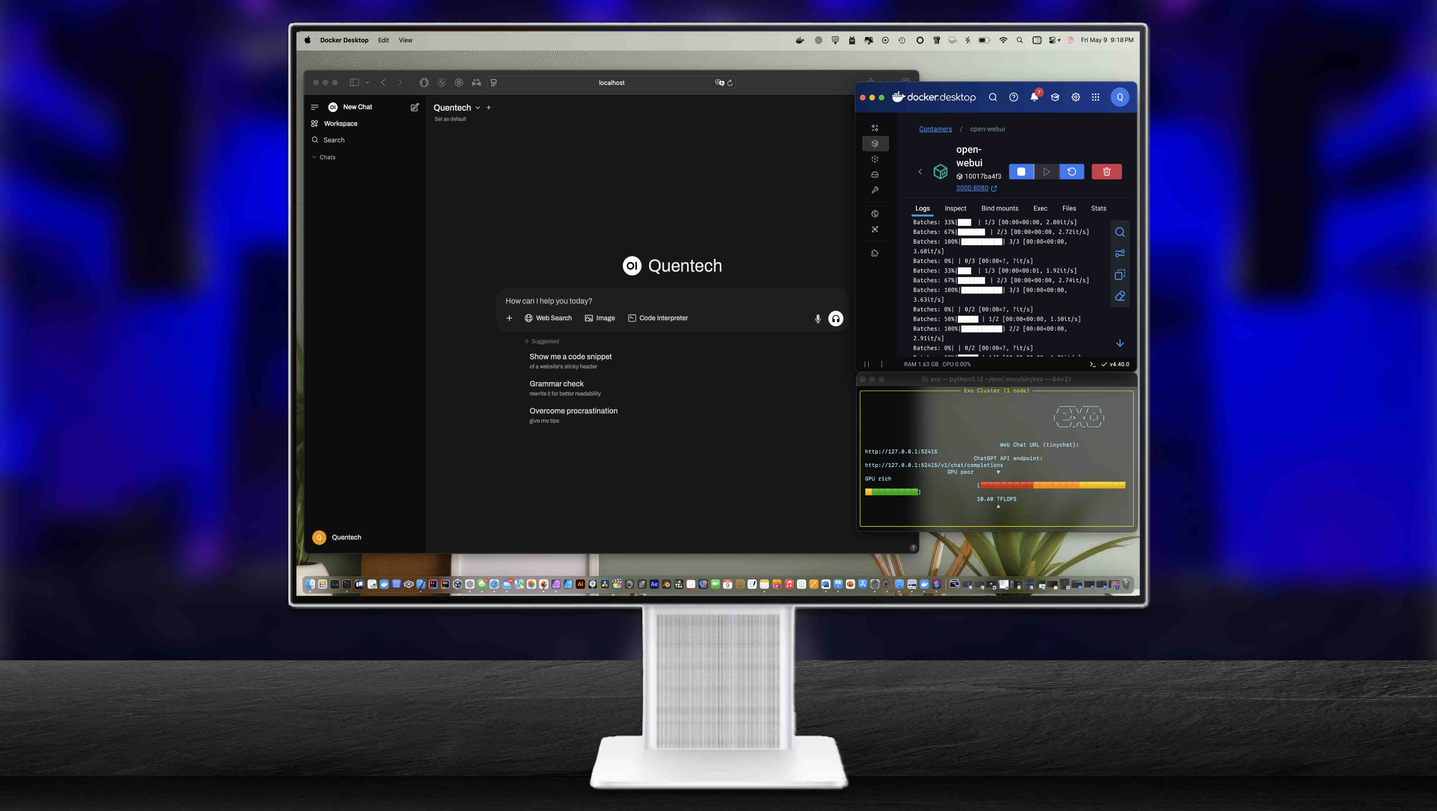 Back of a man at a concert. Hes wearing a beanie hat and a baggy denim jacket with studs. Photo with a purple hue