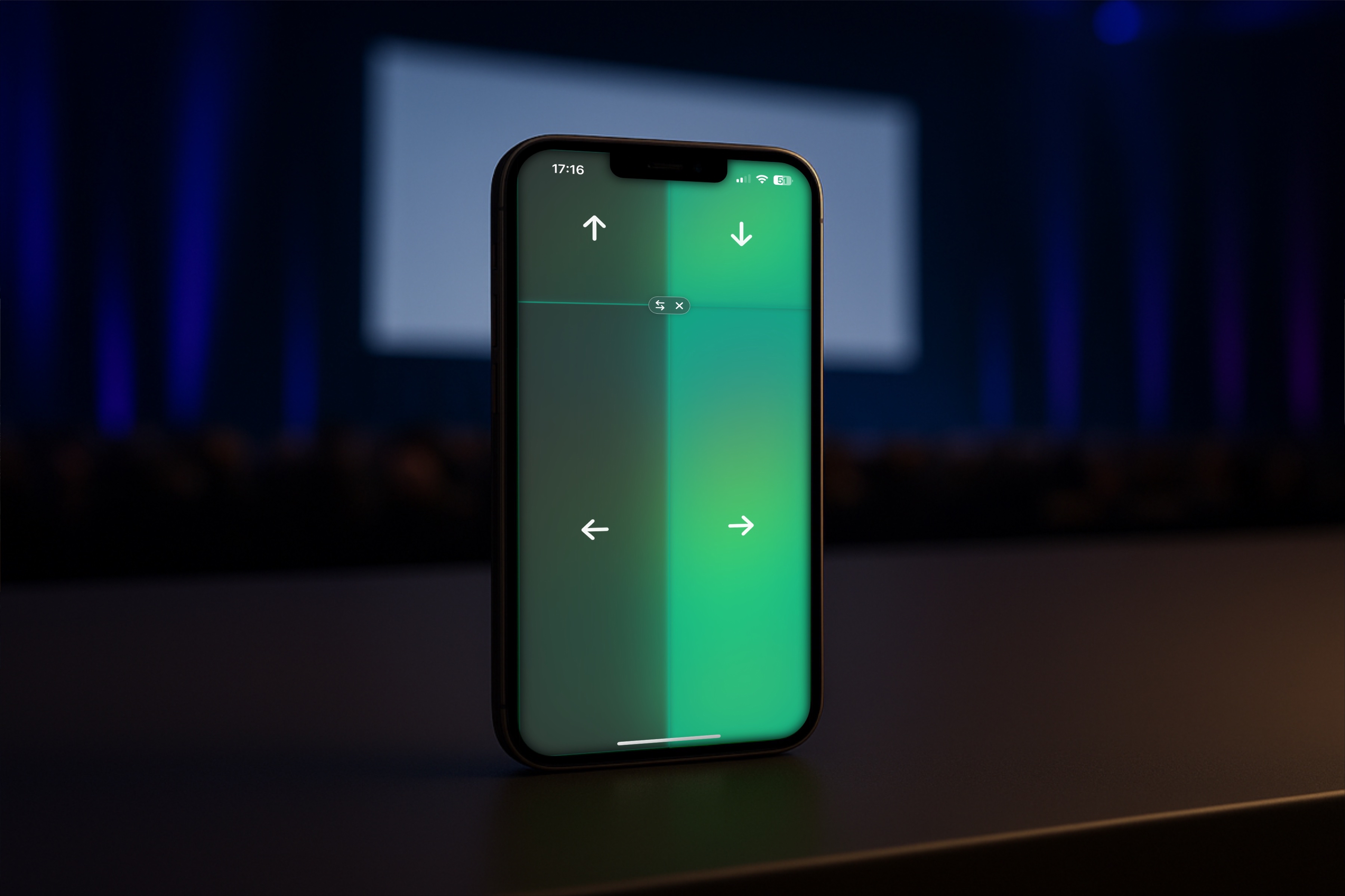 DJ facing a crowd at his deck. Photo with a purple hue